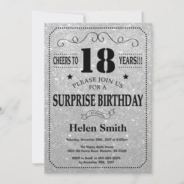 Invitación Sorpresa 18º cumpleaños Purpurina negro y plateado (Anverso)