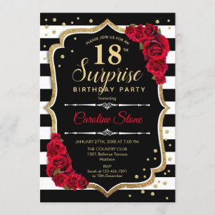 Invitación Sorpresa 18º cumpleaños - Rojo blanco negro