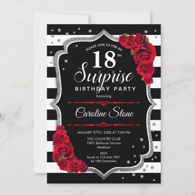 Invitación Sorpresa 18º cumpleaños - Rojo blanco negro (Anverso)
