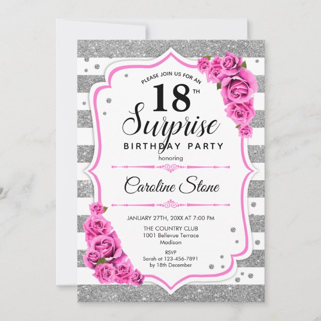 Invitación Sorpresa 18º cumpleaños - rosa blanco plateado (Anverso)