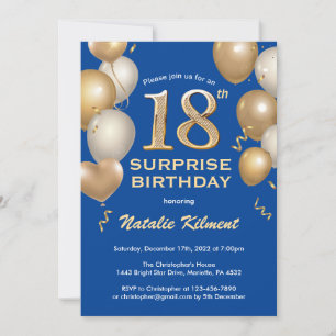 Invitación Sorpresa 18.º Balón Azul y Oro de cumpleaños