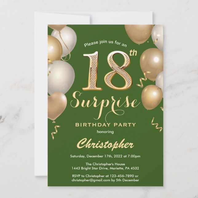 Invitación Sorpresa 18.º Balón Verde y Oro de cumpleaños (Anverso)