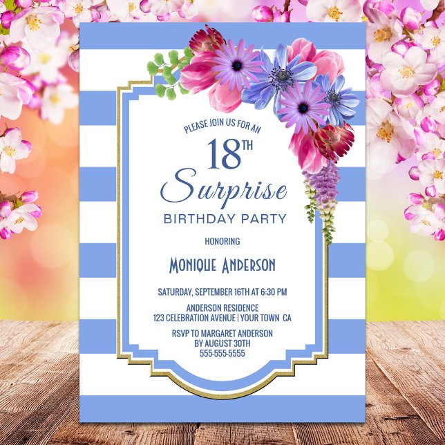 Invitación Sorpresa 18.º cumpleaños Fiesta floral de rayas az (Subido por el creador)
