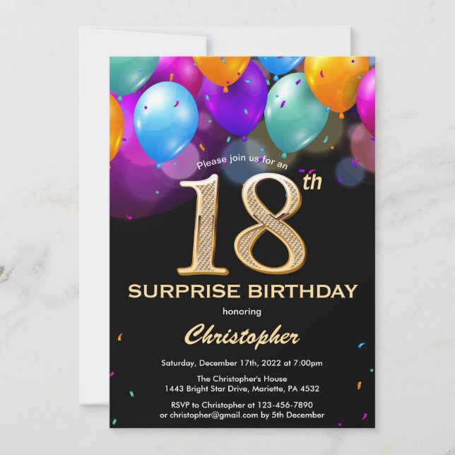 Invitación Sorpresa 18.º cumpleaños Globos de oro y negro (Anverso)