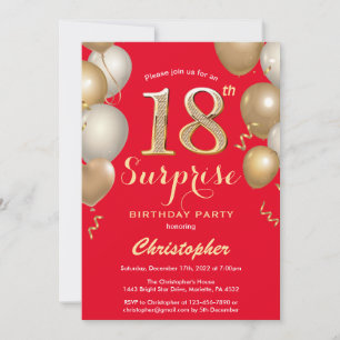 Invitación Sorpresa 18.º cumpleaños Globos Rojos y Oro