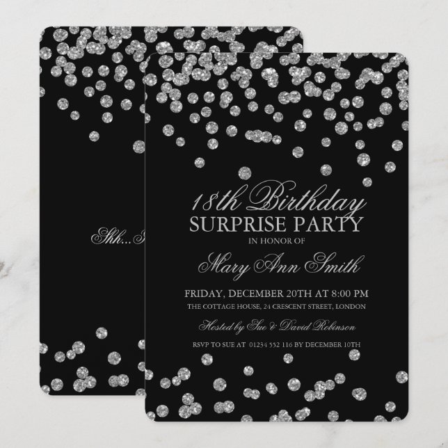 Invitación Sorpresa 18.º cumpleaños Purpurina Plata Confetti (Anverso / Reverso)