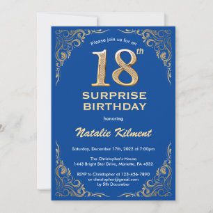 Invitación Sorpresa 18.º Purpurina azul y oro de cumpleaños