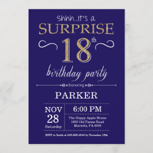 Invitación Sorpresa 18.º Purpurina de oro y azul de la Marina