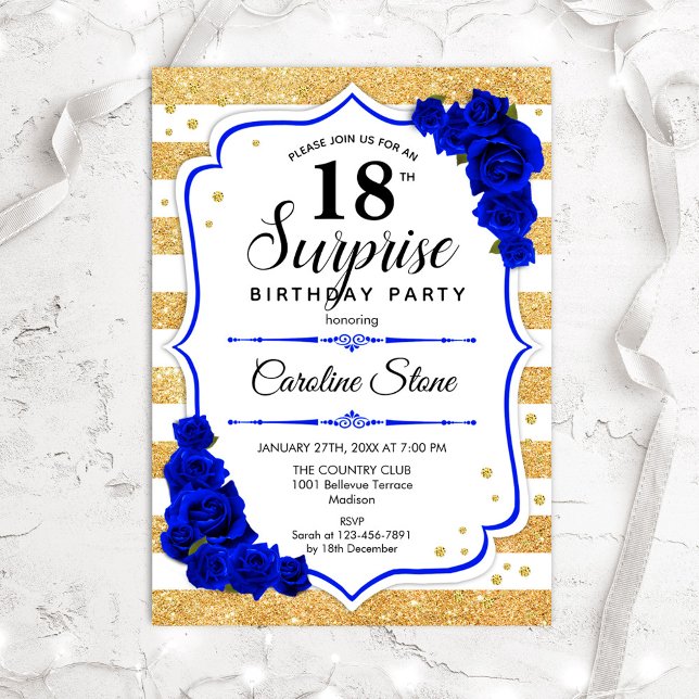 Invitación Sorpresa 18 cumpleaños - Azul real blanco dorado (Subido por el creador)