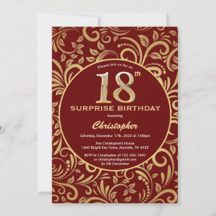 Invitación Sorpresa 18 cumpleaños Borgoña Rojo y Dorado Flora