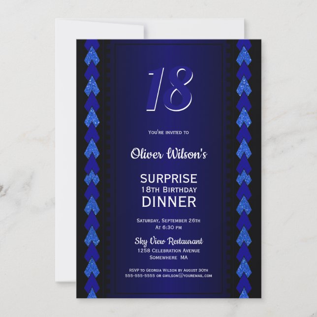 Invitación Sorpresa 18 cumpleaños cena Fiesta negro y azul (Anverso)
