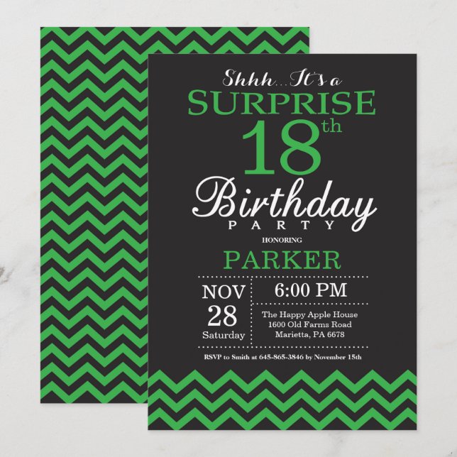 Invitación Sorpresa 18 cumpleaños Chevron negro y verde (Anverso / Reverso)