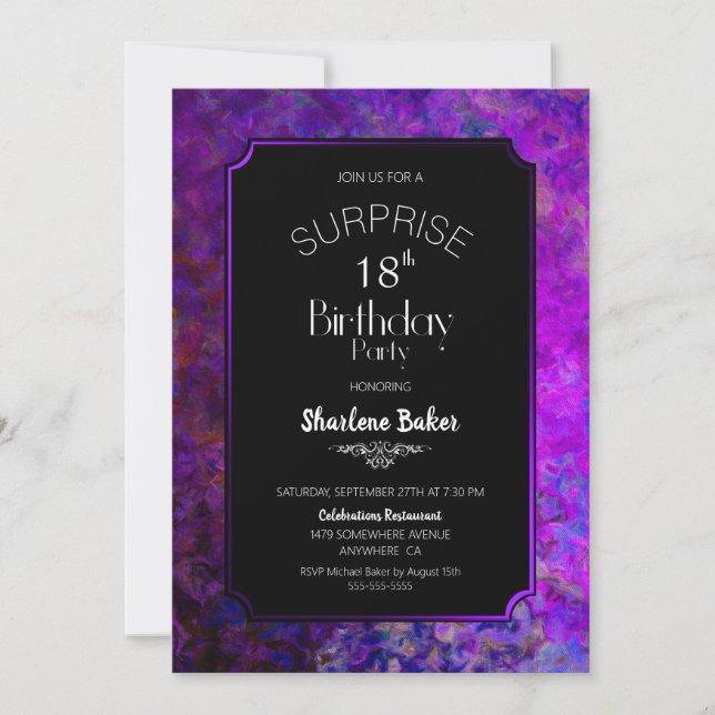 Invitación Sorpresa 18 cumpleaños Fiesta morado y negro (Anverso)