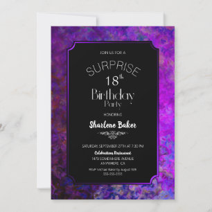 Invitación Sorpresa 18 cumpleaños Fiesta morado y negro