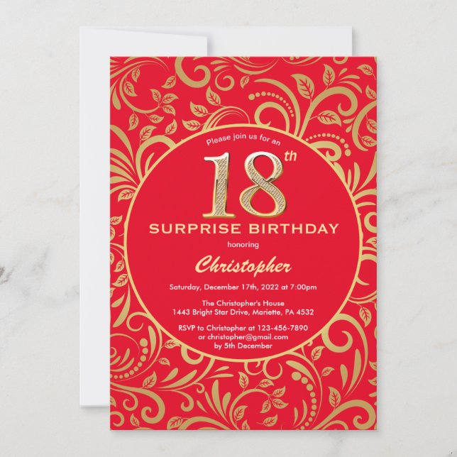 Invitación Sorpresa 18 cumpleaños Floral de oro y rojo (Anverso)