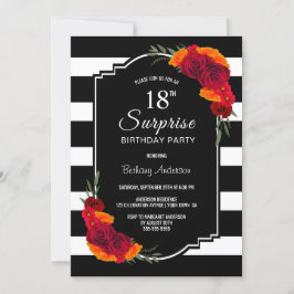 Invitación Sorpresa 18 cumpleaños Floral franja blanca negra