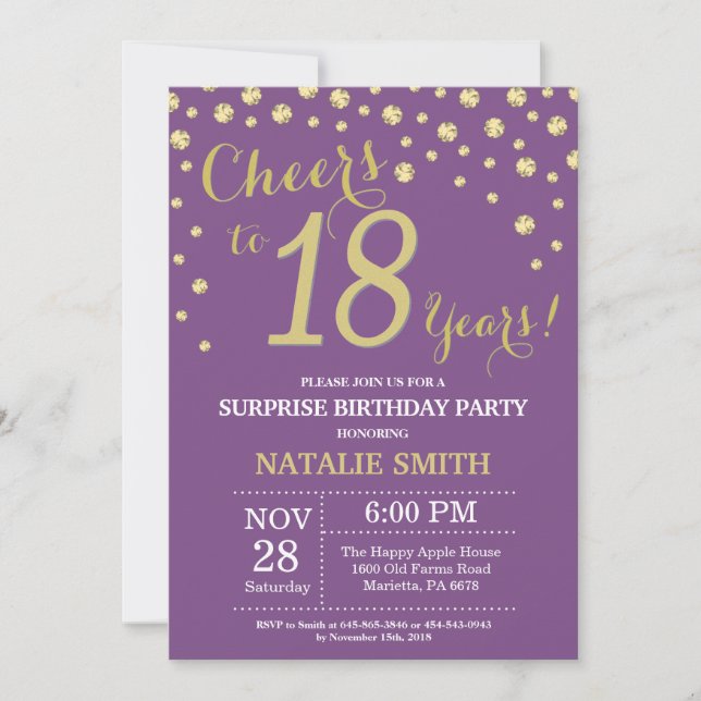 Invitación Sorpresa 18 cumpleaños morado y diamante dorado (Anverso)