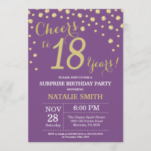 Invitación Sorpresa 18 cumpleaños morado y diamante dorado