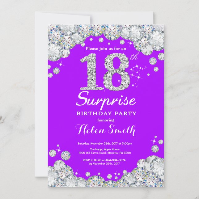 Invitación Sorpresa 18 cumpleaños morado y diamante plateado (Anverso)