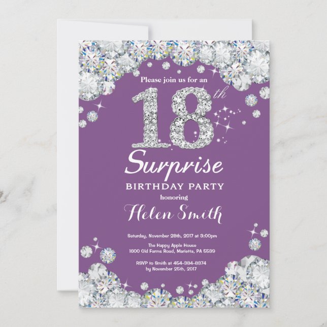 Invitación Sorpresa 18 cumpleaños morado y diamante plateado (Anverso)