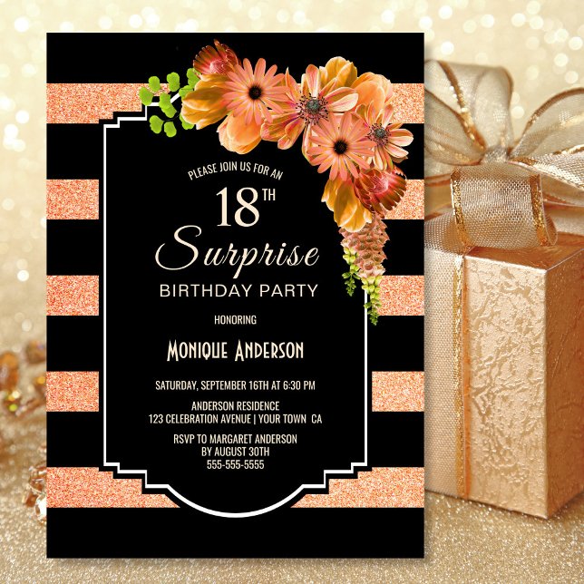 Invitación Sorpresa 18 cumpleaños Naranja a rayas Floral (Subido por el creador)