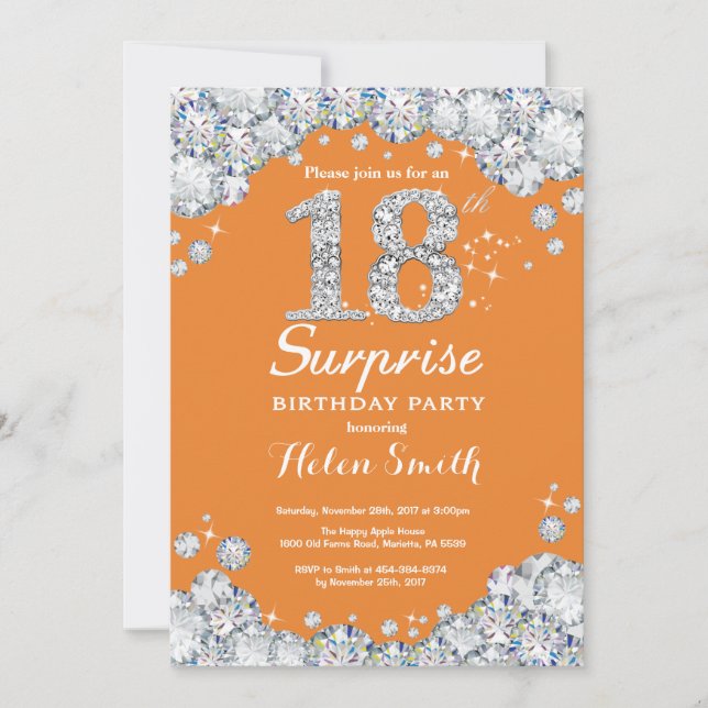 Invitación Sorpresa 18 cumpleaños Naranja y diamante plateado (Anverso)