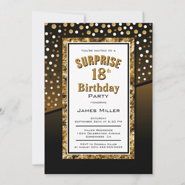 Invitación Sorpresa 18 cumpleaños negro y oro (Anverso)