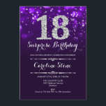 Invitación Sorpresa 18 cumpleaños - Plata morada<br><div class="desc">Sorpresa Invitación a los 18 Años. Elegante diseño morado con una falsa plata purpurina. Cumpleaños de adultos. Incluye diamantes,  luces de bokeh y fuente de guiones. Invitación de cumpleaños de hombres o mujeres. Perfecto para una elegante fiesta de cumpleaños. Mándame un mensaje si necesitas más personalización.</div>