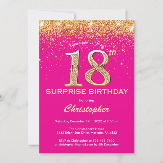 Invitación Sorpresa 18 cumpleaños Purpurina de oro y rosado c (Anverso)