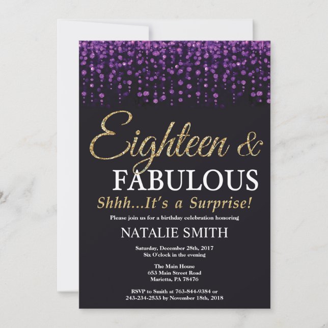Invitación Sorpresa 18 cumpleaños Purpurina morado y oro (Anverso)