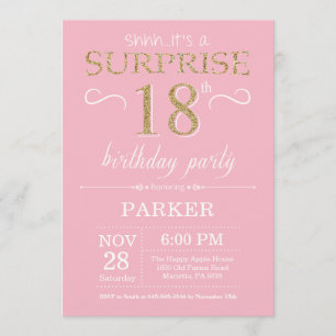 Invitación Sorpresa 18 cumpleaños Purpurina Rosa y Oro