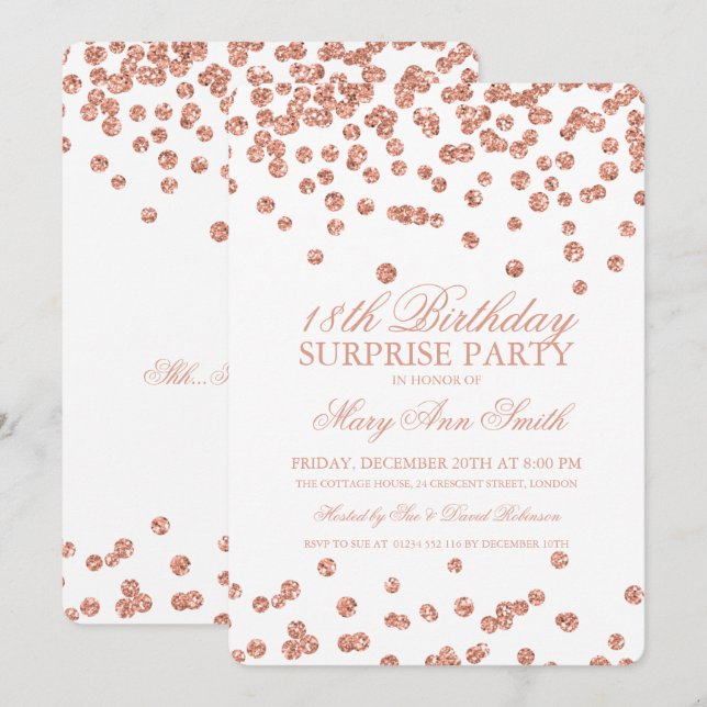 Invitación Sorpresa 18 cumpleaños Rosa Purpurina de oro Confe (Anverso / Reverso)