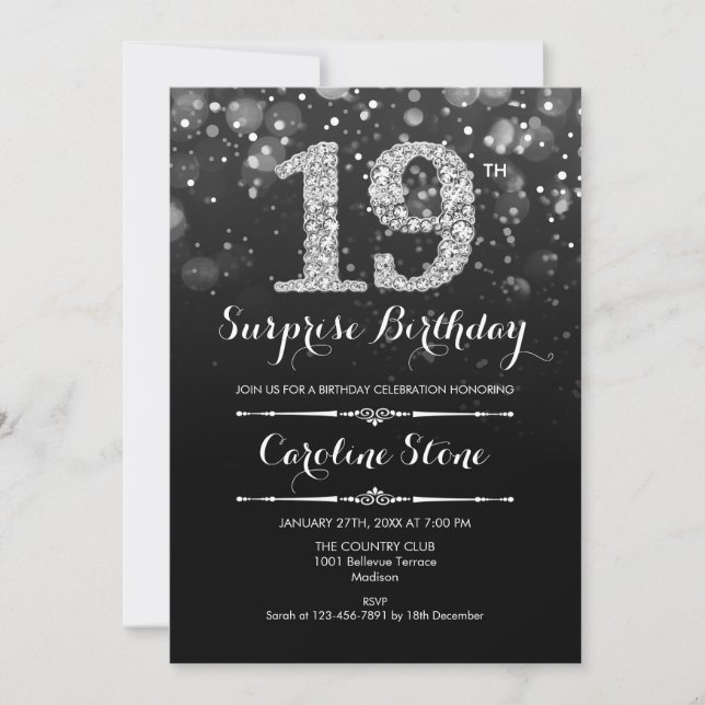 Invitación Sorpresa 19º cumpleaños - Plata negra (Anverso)