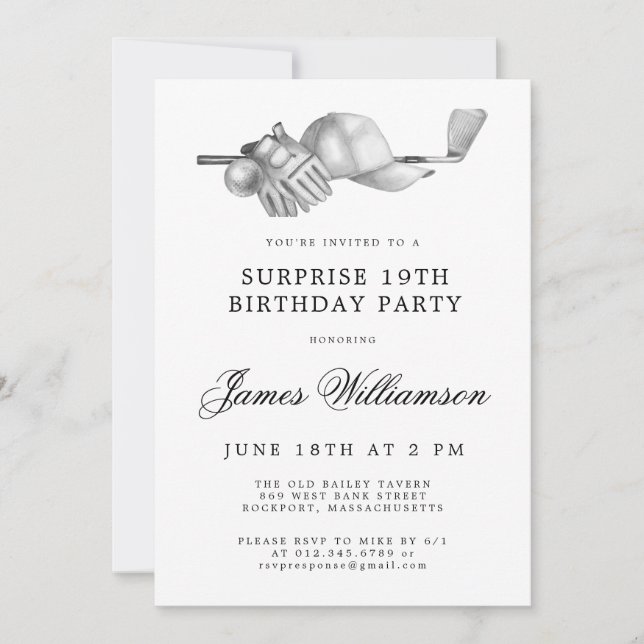Invitación SORPRESA 19.ª fiesta de cumpleaños Tema de golf (Anverso)