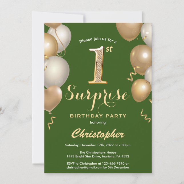 Invitación Sorpresa 1.ᵉʳ Balón Verde y Oro de cumpleaños (Anverso)