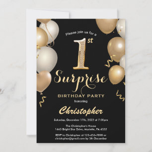 Invitación Sorpresa 1.ᵉʳ cumpleaños Globos de oro y negro