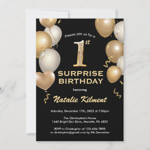 Invitación Sorpresa 1.ᵉʳ cumpleaños Globos de oro y negro