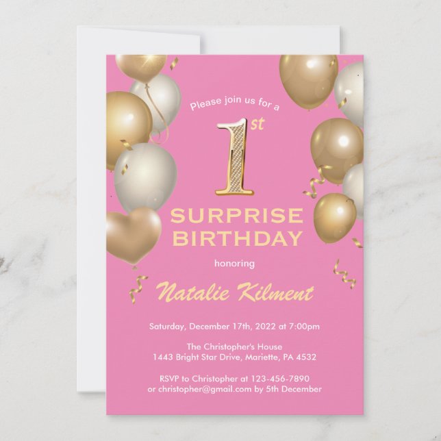 Invitación Sorpresa 1.ᵉʳ cumpleaños Globos rosados y de oro (Anverso)