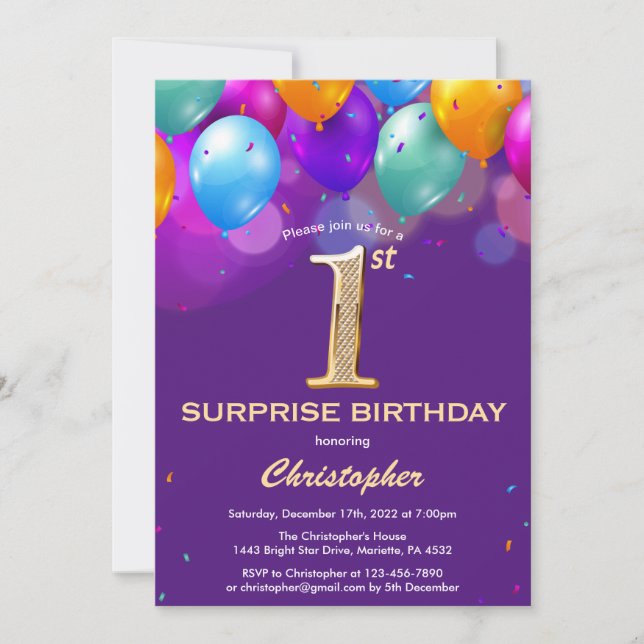 Invitación Sorpresa 1.ᵉʳ cumpleaños Morado y Globos de Oro (Anverso)