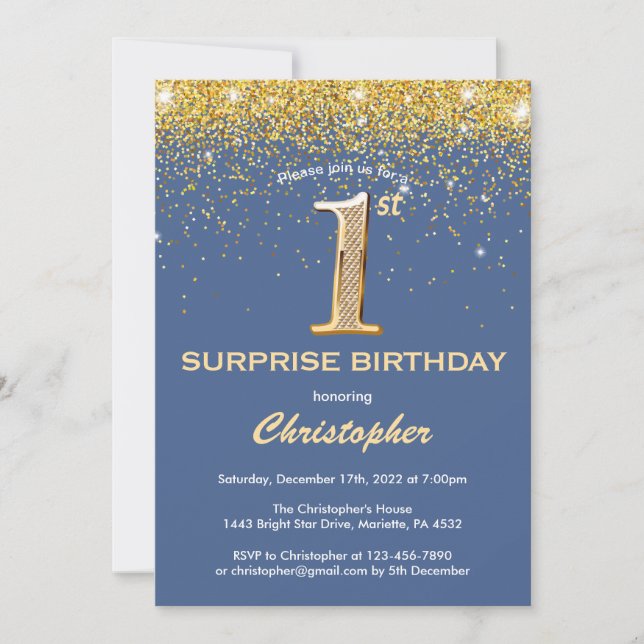 Invitación Sorpresa 1.ᵉʳ cumpleaños Purpurina azul y oro (Anverso)