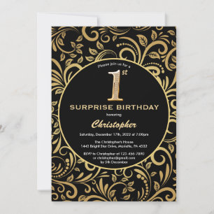 Invitación Sorpresa 1 cumpleaños Floral de oro y negro