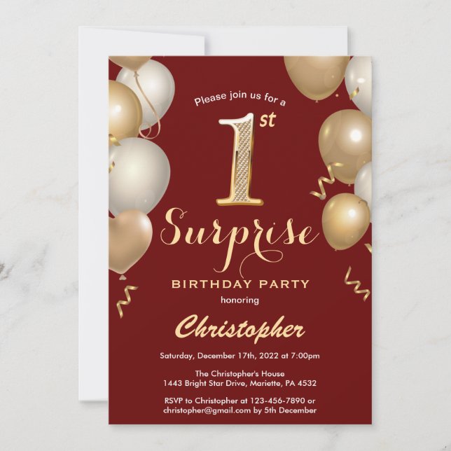 Invitación Sorpresa 1 cumpleaños Globos de oro y rojo oscuro (Anverso)