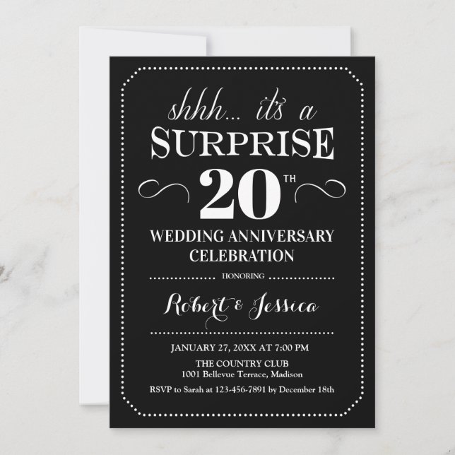 Invitación Sorpresa 20º Aniversario de Boda - Blanco Negro (Anverso)