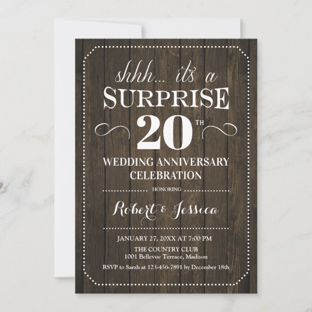 Invitación Sorpresa 20º Aniversario de Boda - Madera Rústica (Anverso)