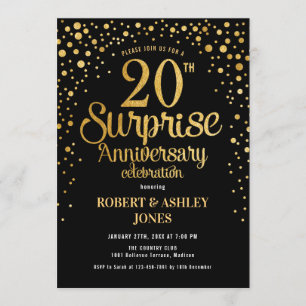 Invitación Sorpresa 20º Aniversario de Boda - Negro y Dorado