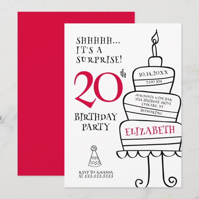 Invitación Sorpresa 20.ª fiesta de cumpleaños (Anverso / Reverso)