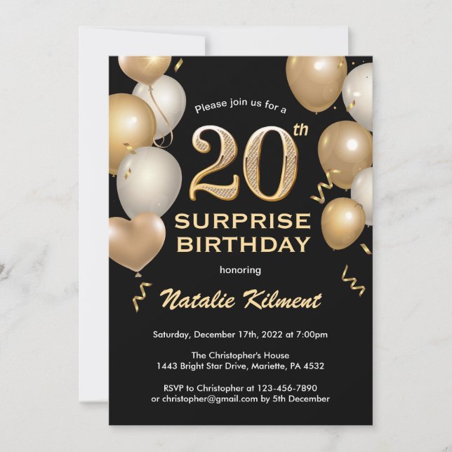 Invitación Sorpresa 20.º cumpleaños Globos de oro y negro (Anverso)