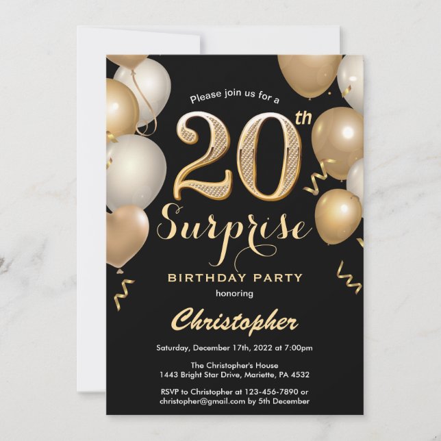 Invitación Sorpresa 20.º cumpleaños Globos de oro y negro (Anverso)