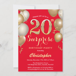 Invitación Sorpresa 20.º cumpleaños Globos Rojos y Oro