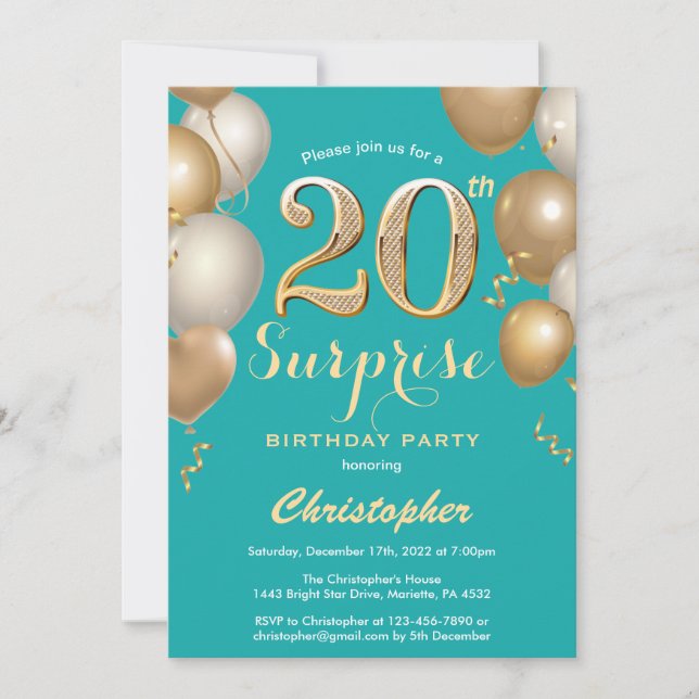 Invitación Sorpresa 20.º cumpleaños Globos Verde azulados y d (Anverso)